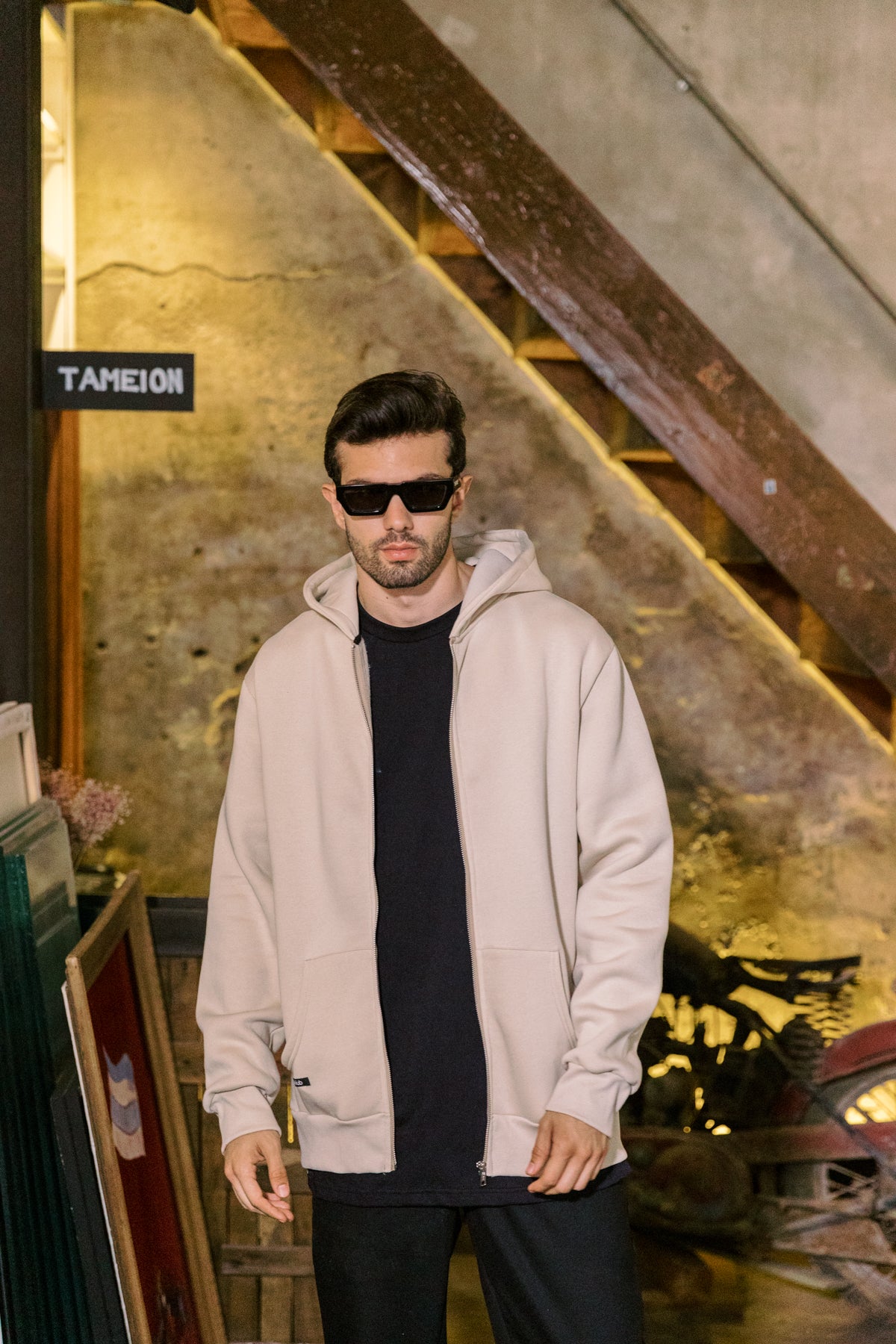 Zipper hoodie Beige-3